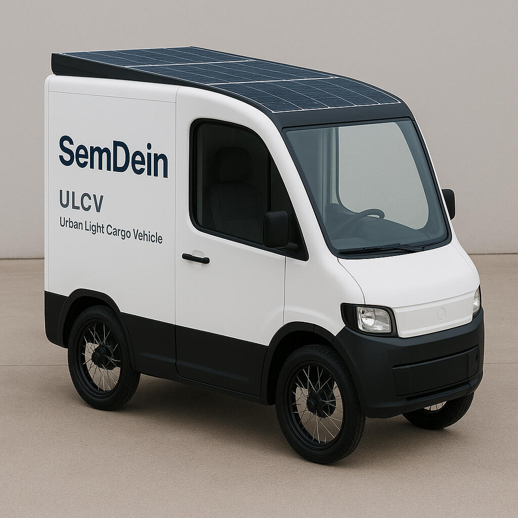 SemDein Mobility ULCV a small urban delivery vehicle with the words "SemDein ULCV Urban Light Cargo Vehicle" on the side